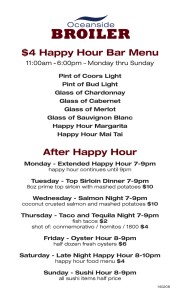 Oceanside Broiler Happy Hour Menu
